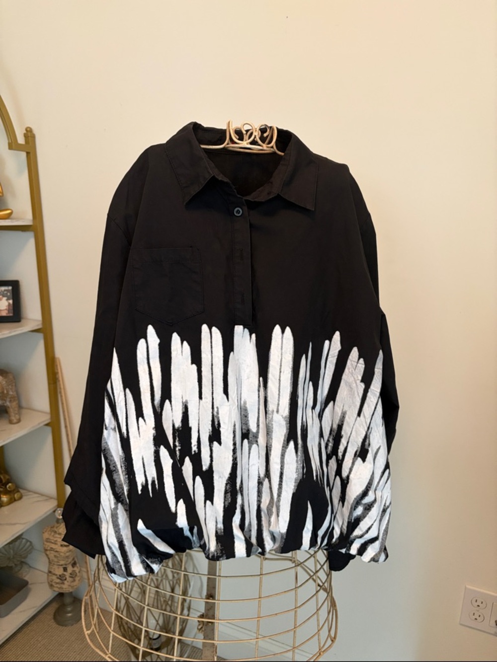 Black Button-Front Shirt with White Brushstroke Hem